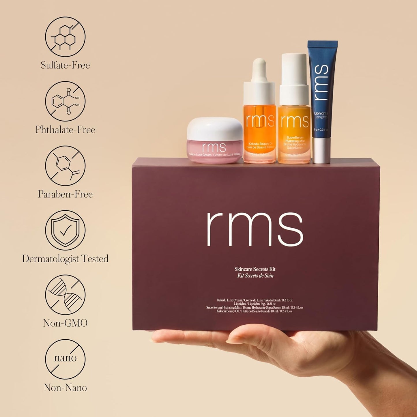 RMS Beauty Women's Skincare Secrets Set RMS Beauty Skincare Secrets Kit - Skin Care Set Kakadu Beauty Oil Kakadu Luxe Cream SuperSerum Hydrating Mist & Lipnights Lip Mask Beauty Present Sets