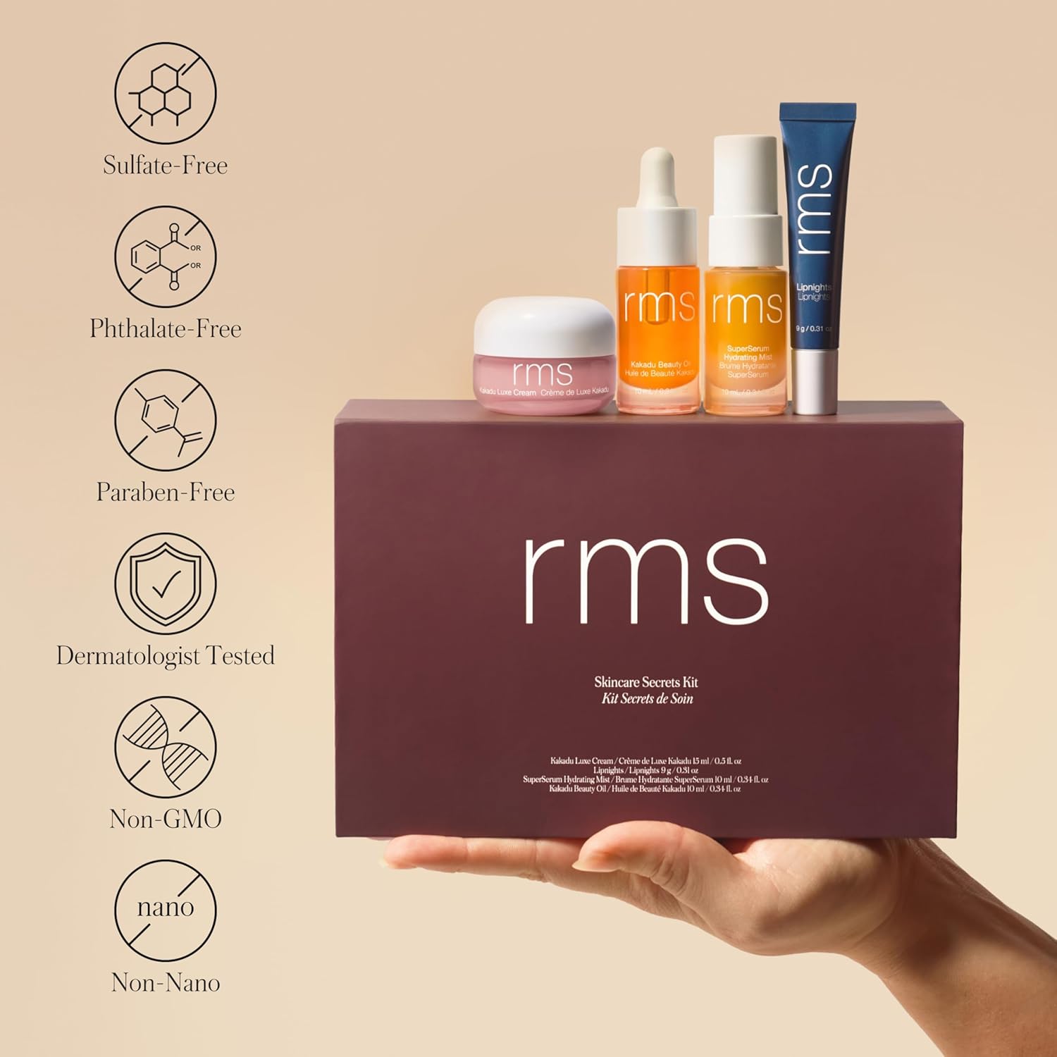 RMS Beauty Women's Skincare Secrets Set RMS Beauty Skincare Secrets Kit - Skin Care Set Kakadu Beauty Oil Kakadu Luxe Cream SuperSerum Hydrating Mist & Lipnights Lip Mask Beauty Present Sets